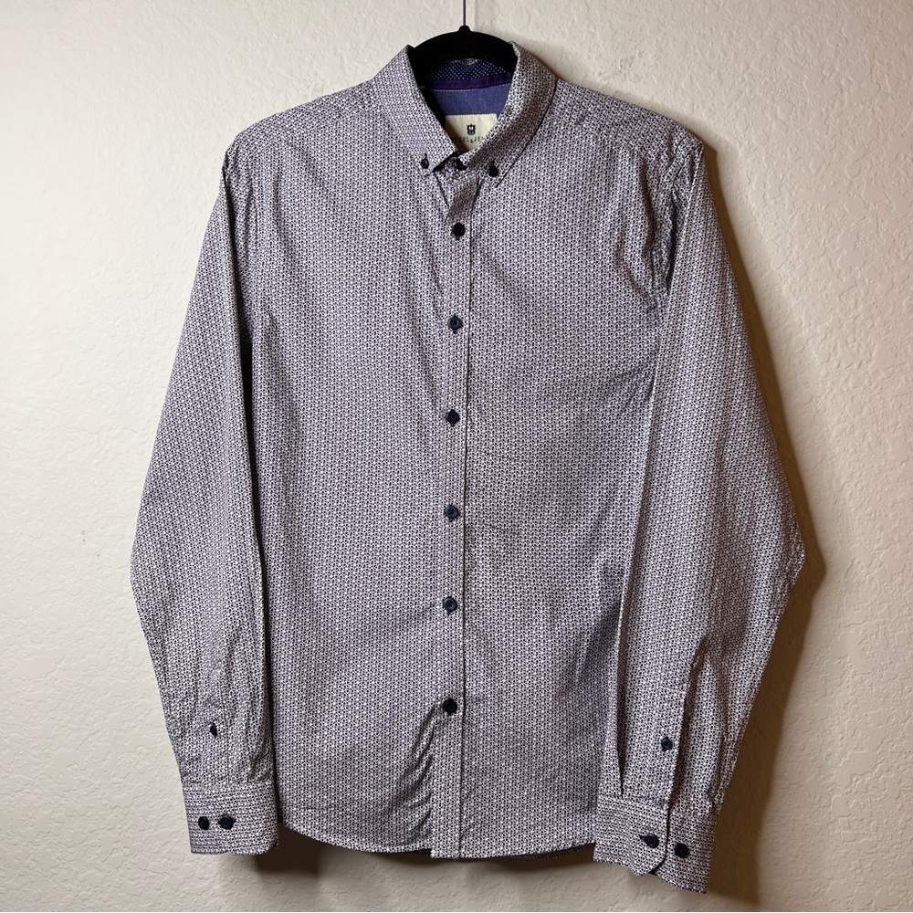 Steel & Jelly Men’s Button Down Shirt Size Medium Navy with Purple Print Cotton